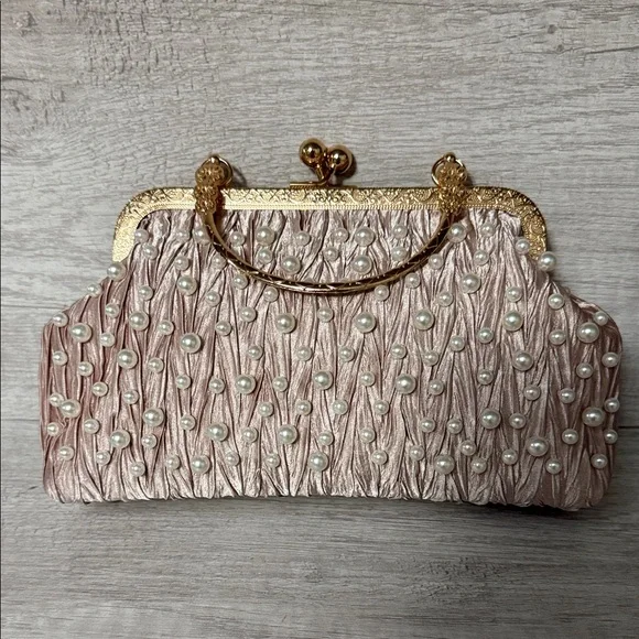 Elegant Pearl-Embellished Pink Clutch/Cold Chain Strap; NWOT - Picture 3 of 9